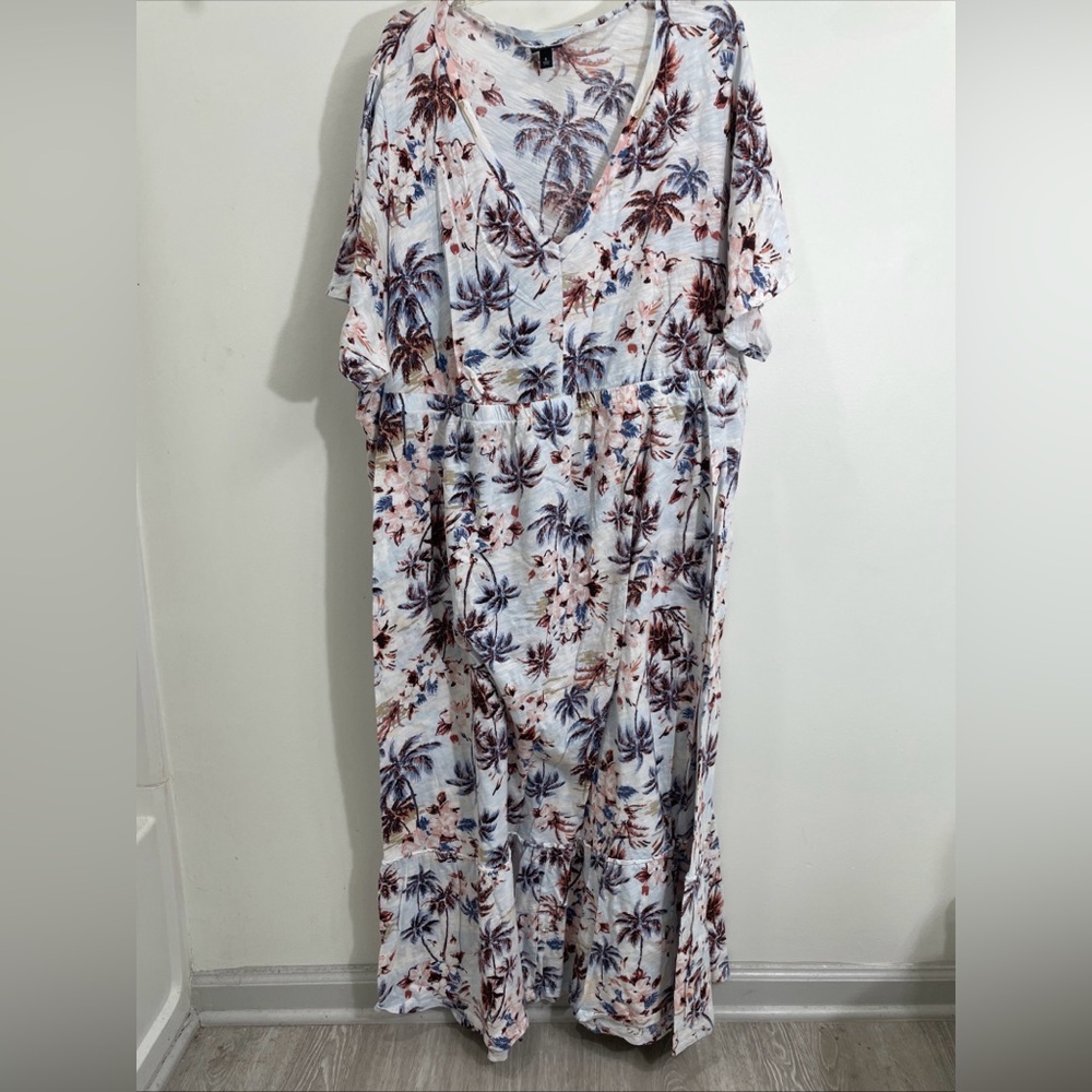 Torrid 6x Maxi Cotton Slub Babydoll Dress Tropic Palm Tree Beach Short Sleeve
